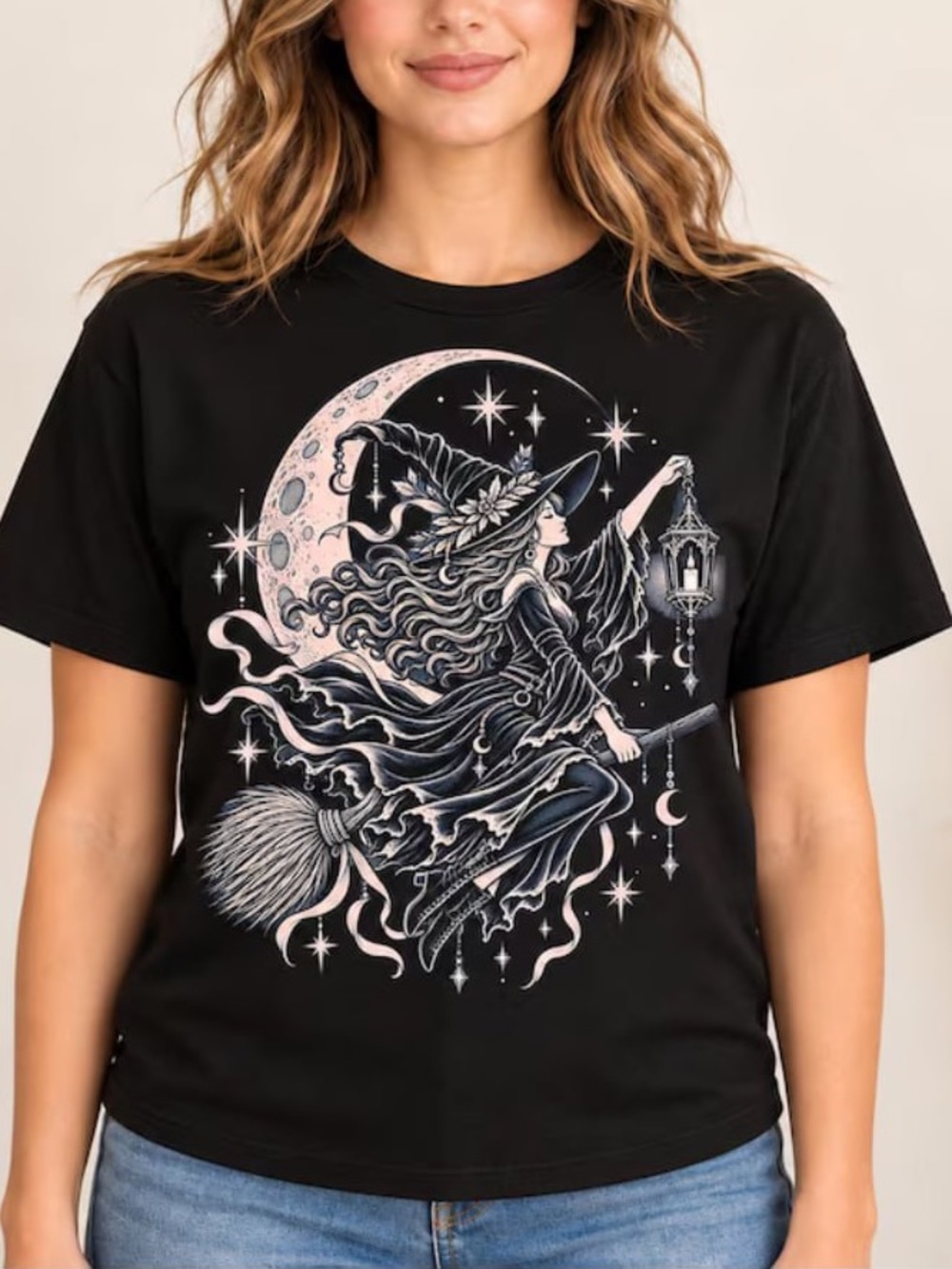 Black Witch on Broommoon Graphic Tee - Women's Vintage Shirt